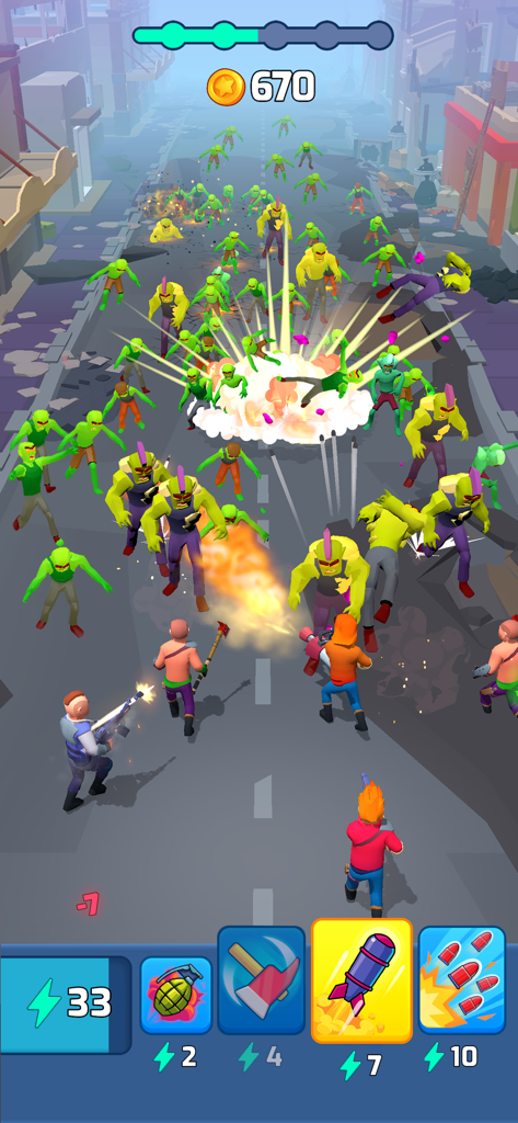 Idle Defense Survival - Gameplay screenshot of Idle Defense Survival showing a squad fighting zombies in a post apocalyptic city