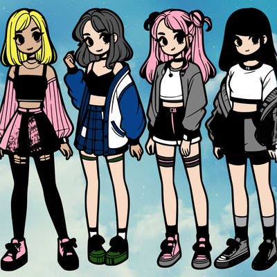 one girl with crop-top shirt and a jacket with a skirt, long socks and another girl with a shirt and pants with a jacket