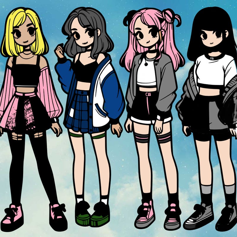 one girl with crop-top shirt and a jacket with a skirt, long socks and another girl with a shirt and pants with a jacket