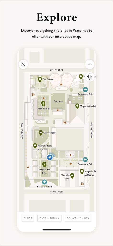 Magnolia | Time Well Spent - MagnoliaモバイルアプリのWacoにあるSilosのインタラクティブマップ