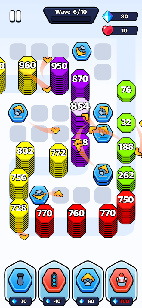 Hex Defense! - Gameplay of Hex Defense! showing colorful stacks of hexagons and strategic tower placements