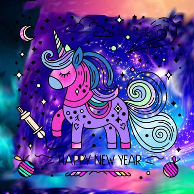 happy new year illustration calligraphic style outline; thin lines; light colors