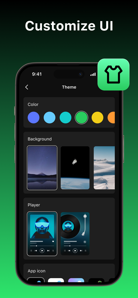 Interface of the Offline Music app showing theme customization options including colors, backgrounds, and player styles.