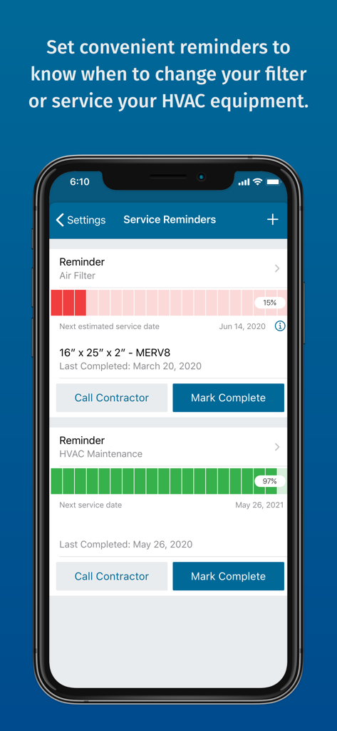 Sensi - Sensi app screen showing HVAC maintenance and air filter replacement reminders