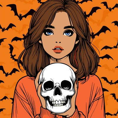 realistic girl holding a skull