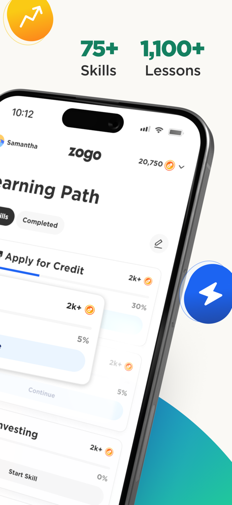 Zogo mobile app interface showing financial literacy lessons and modules for skills like credit and investing