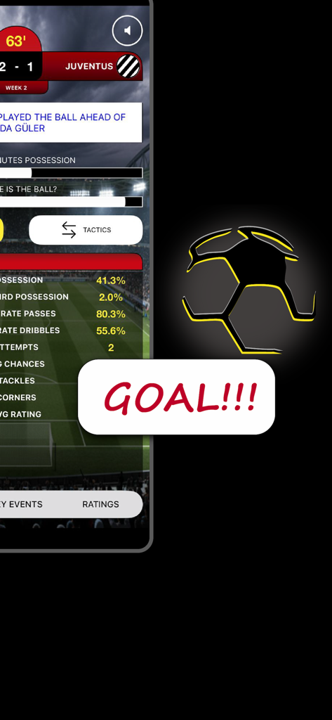 Be the Manager 2026: Soccer - Pantalla de juego de Be the Manager 2026 mostrando un anuncio de gol y estadísticas del partido.