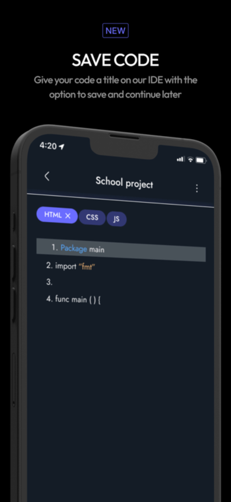 aptLearn - aptLearn mobile IDE interface showing a code project with the option to save and continue later
