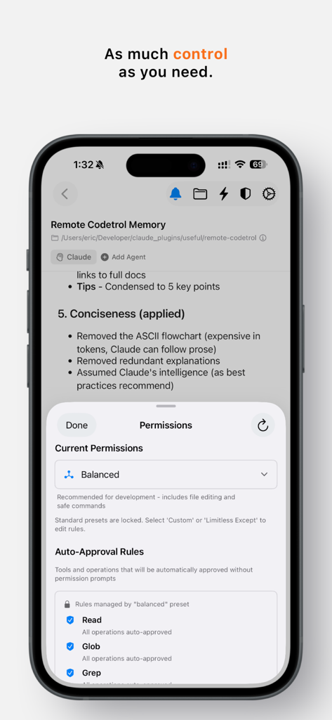 Remote Codetrol - Mobile screen of Remote Codetrol showing AI agent permissions and auto-approval rules for coding tasks