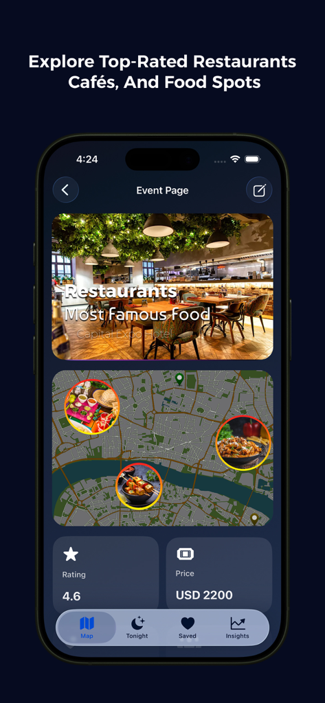 Pulse Planet - Aplicación Pulse Planet mostrando restaurantes y locales de comida mejor valorados en un mapa interactivo