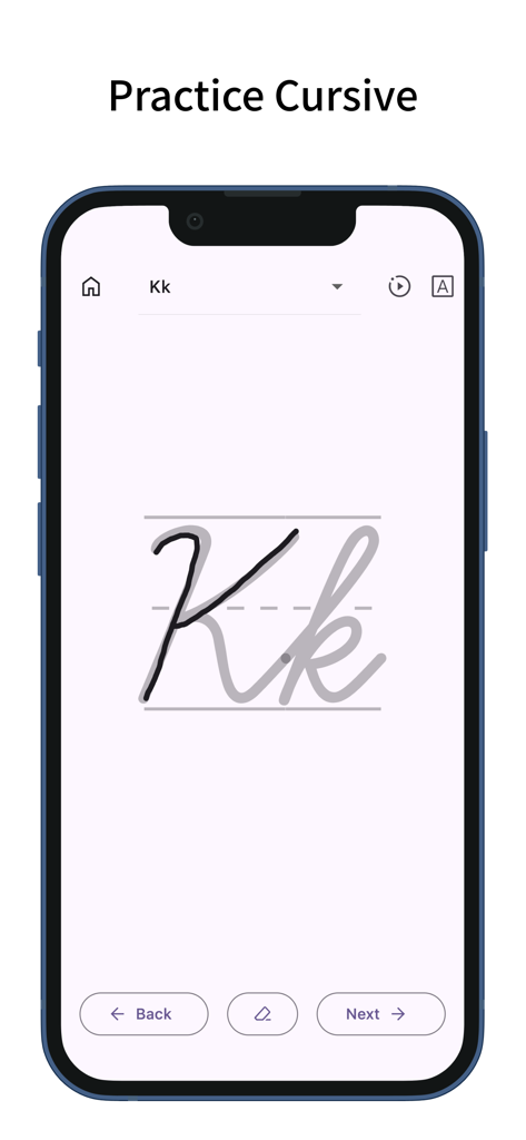 Un'interfaccia mobile per esercitarsi con la lettera corsiva K con linee di tracciamento e controlli di navigazione.