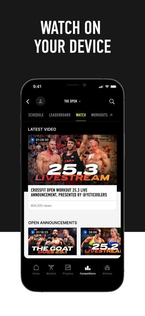 CrossFit - Schermata dell'iPhone che mostra la sezione di visione dell'app CrossFit con livestream di competizioni e annunci dell'Open.