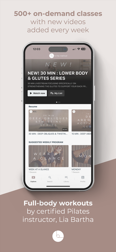 B The Method app interface showing Lia Bartha pilates workout classes and weekly program schedules
