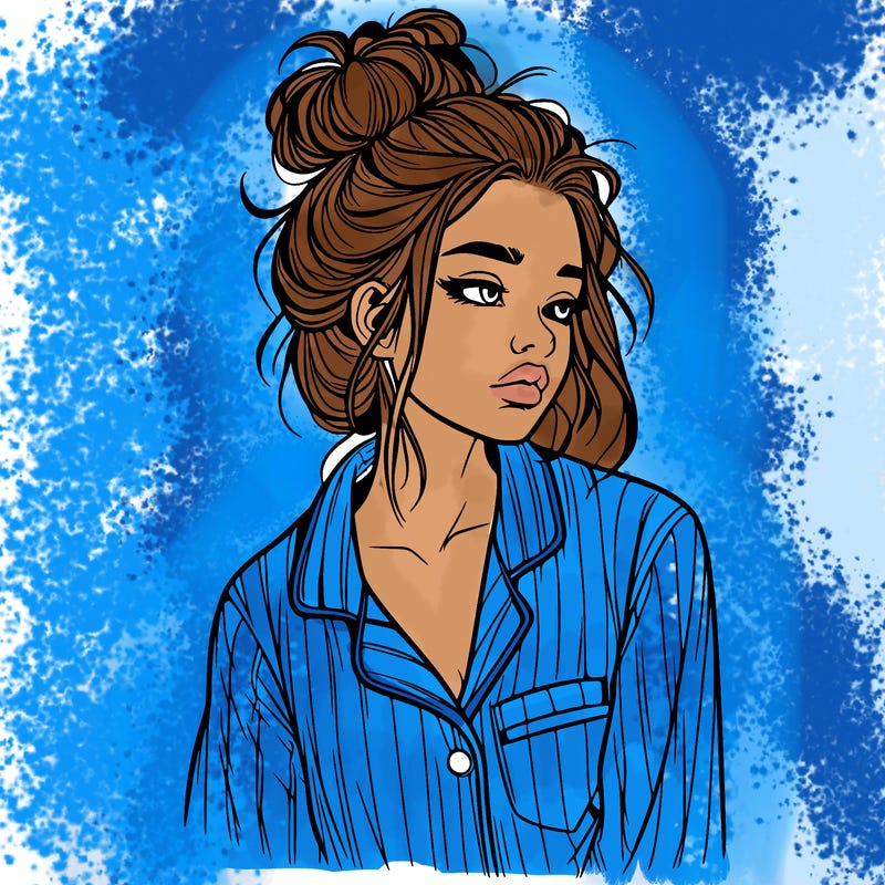 realistic woman with pajamas on and a messy bun