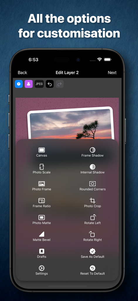 Like A Frame - Interface of the Like A Frame app showing various photo customization options including frames, shadows, and mattes.