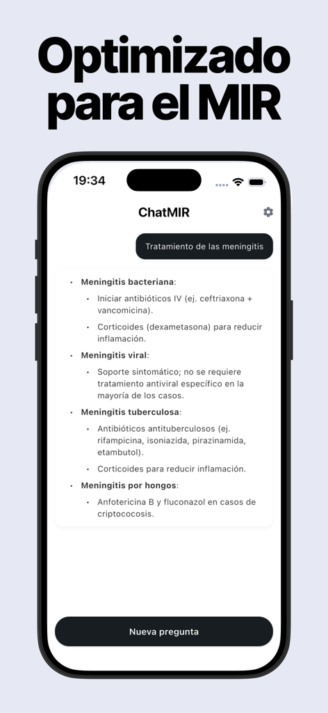 ChatMIR app interface displaying AI-generated medical study content for the MIR residency exam.