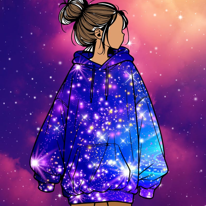 realistic girl with a oversized sweatshirt on and a bun