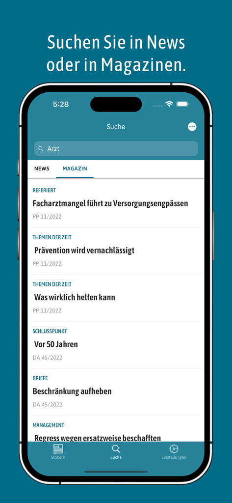 Deutsches Ärzteblatt - Suchergebnisseite der Deutsches Ärzteblatt App mit medizinischen Zeitschriftenartikeln