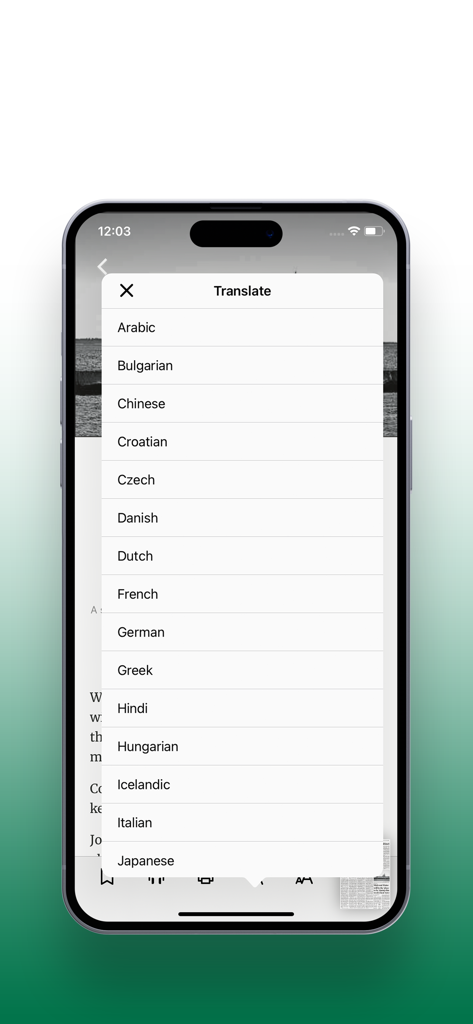 Menú de traducción de idiomas en la aplicación de noticias móviles de edición electrónica de BDN