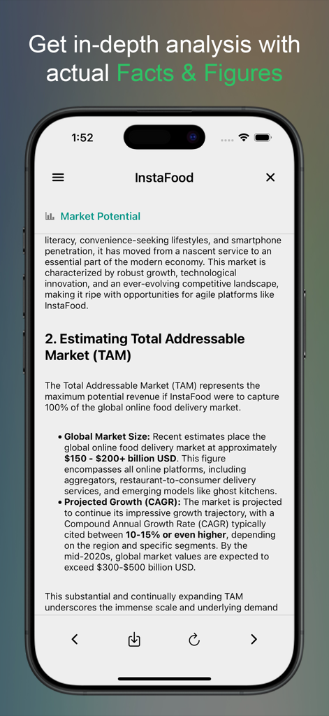Startup AI: Idea Validator - A mobile screen showing an AI-generated market potential report for a startup idea including total addressable market figures and growth rates.