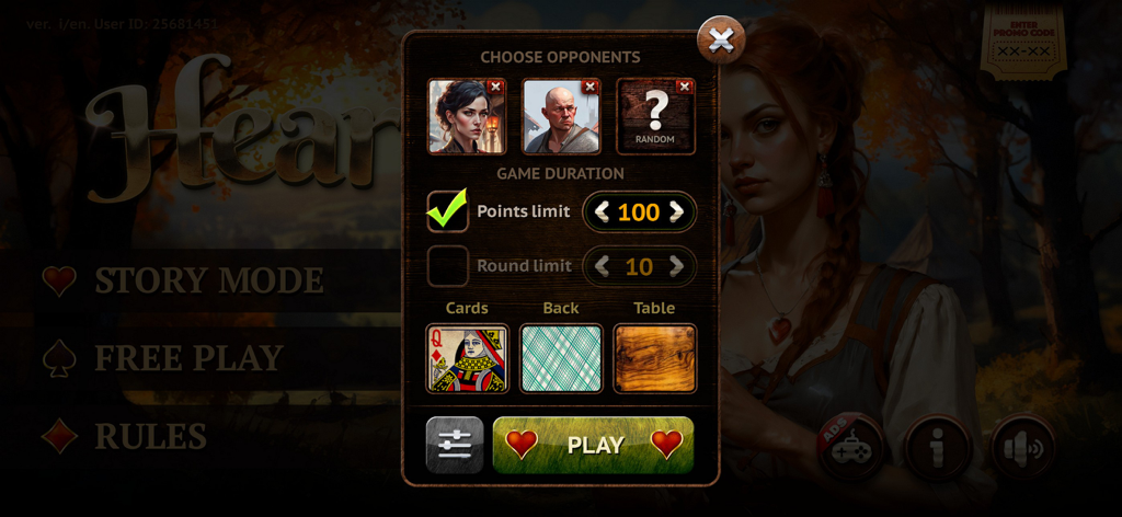 Hearts HD: Classic Card Game - Pantalla de configuración del juego Hearts HD que muestra la selección de oponentes, el límite de puntos y las opciones de personalización de cartas.