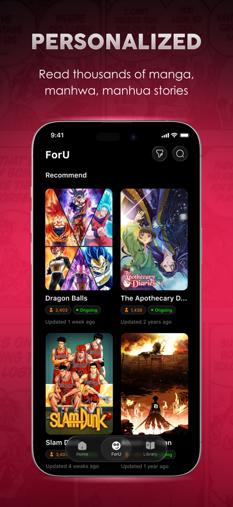 Manga Galaxy app interface showing personalized manga recommendations on the ForU screen