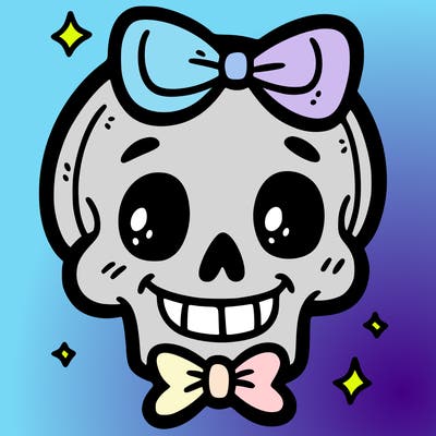 simple comical skeleton skull smiling with a bow on top of his head from the front