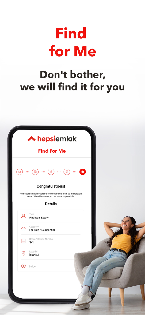 Hepsiemlak – Property Listings - Tela do aplicativo Hepsiemlak mostrando o serviço de concierge Encontre para Mim para listagens de imóveis em Istambul com um usuário relaxado