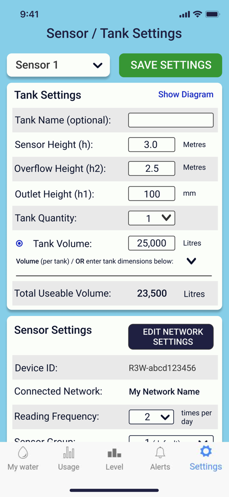 TankMate Level Monitoring - TankMate mobile app settings screen for water tank and sensor configuration