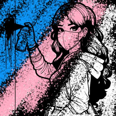 realistic girl with mask spray painting a wall