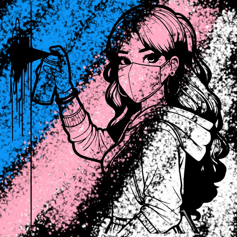 realistic girl with mask spray painting a wall