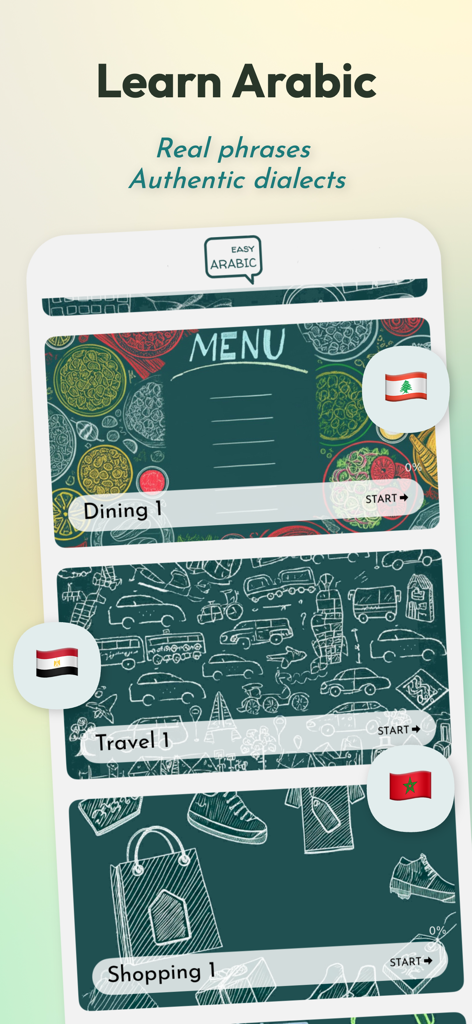 Easy Arabic - Learn & Speak - Screenshot of the Easy Arabic app showing lessons for Lebanese Egyptian and Moroccan dialects