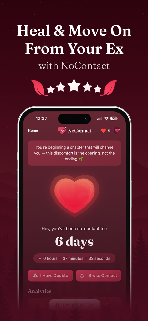 NoContact App Dashboard zeigt einen 6-tägigen Heilungs-Streak und ein motivierendes Erholungszitat