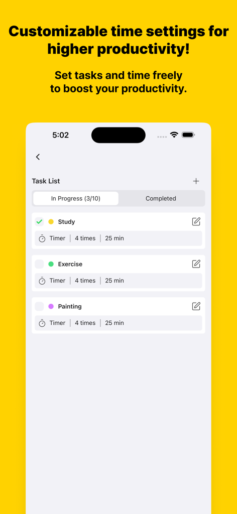 Pomocat - Adorable Focus Timer - Pomocat app task list interface showing customizable timers for study exercise and painting