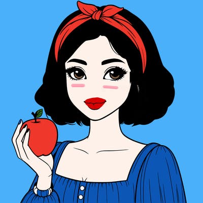 a woman with medium short hair, wearing a headband with a small bow, carrying an apple in her hand, realistic