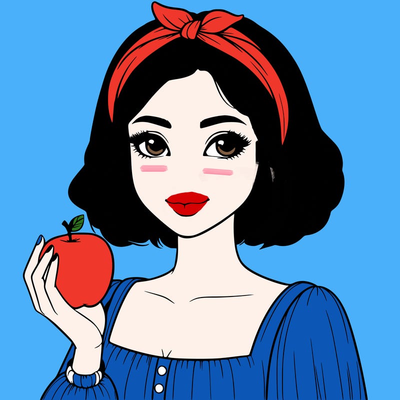 a woman with medium short hair, wearing a headband with a small bow, carrying an apple in her hand, realistic