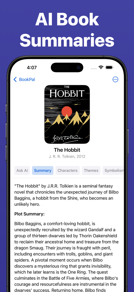 AI Book Summaries - BookPal - BookPal app screen featuring an AI summary of The Hobbit with character and theme analysis tabs