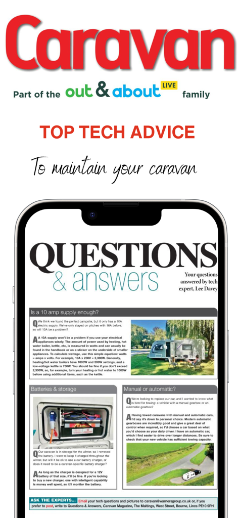 Caravan Magazine - Screenshot of Caravan Magazine app displaying technical advice and a questions and answers page for caravan maintenance.