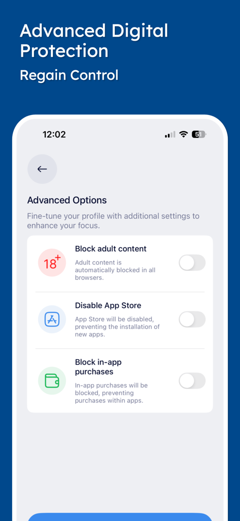 Stay Focused App/Site Blocker - Interfaz de la aplicación Stay Focused mostrando configuraciones avanzadas de protección digital para bloquear contenido para adultos y compras dentro de la aplicación