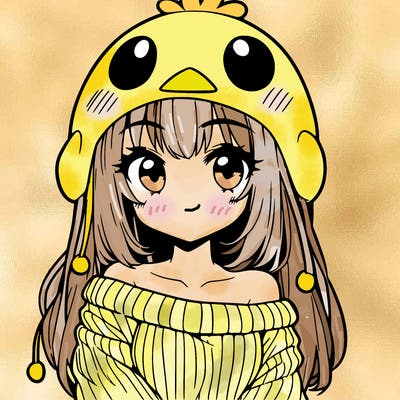 anime girl with chick shaped hat with sweater with bare shoulders with bangs covering them one eye with low tail