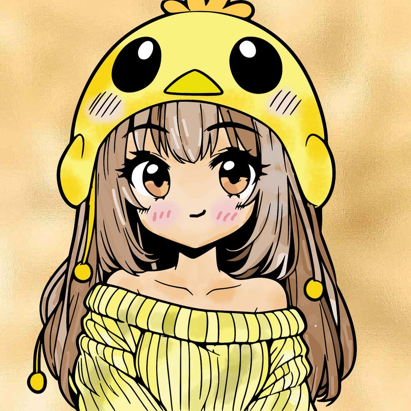 anime girl with chick shaped hat with sweater with bare shoulders with bangs covering them one eye with low tail