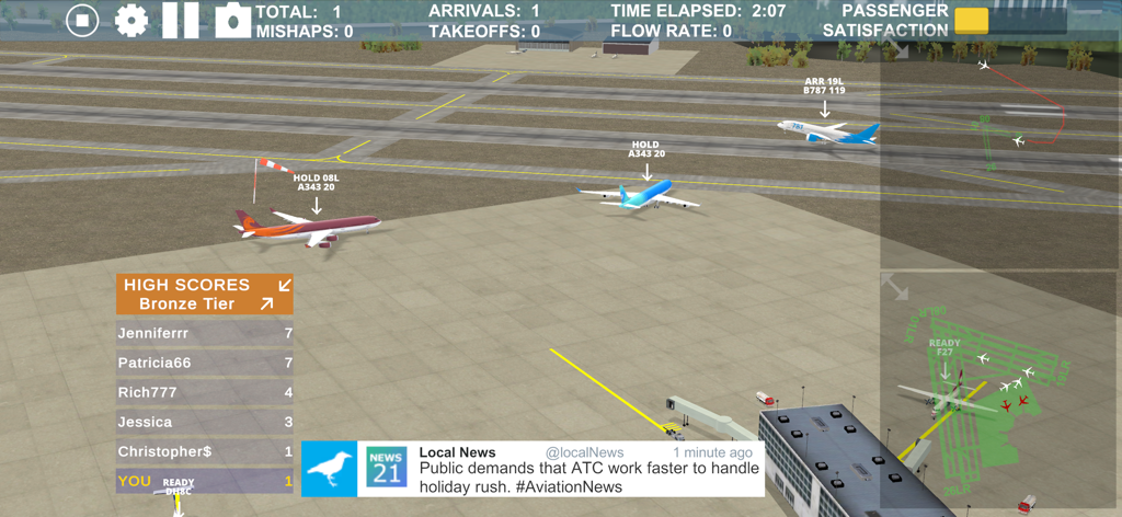 Airport Madness 3D 2 -  planesがレーダーマップとハイスコアリーダーボードとともに滑走路を走行しているAirport Madness 3D 2のゲームプレイ画面。