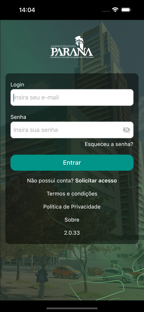 ADMPARANÁ - Login screen of the ADMPARANA property management app showing email and password fields