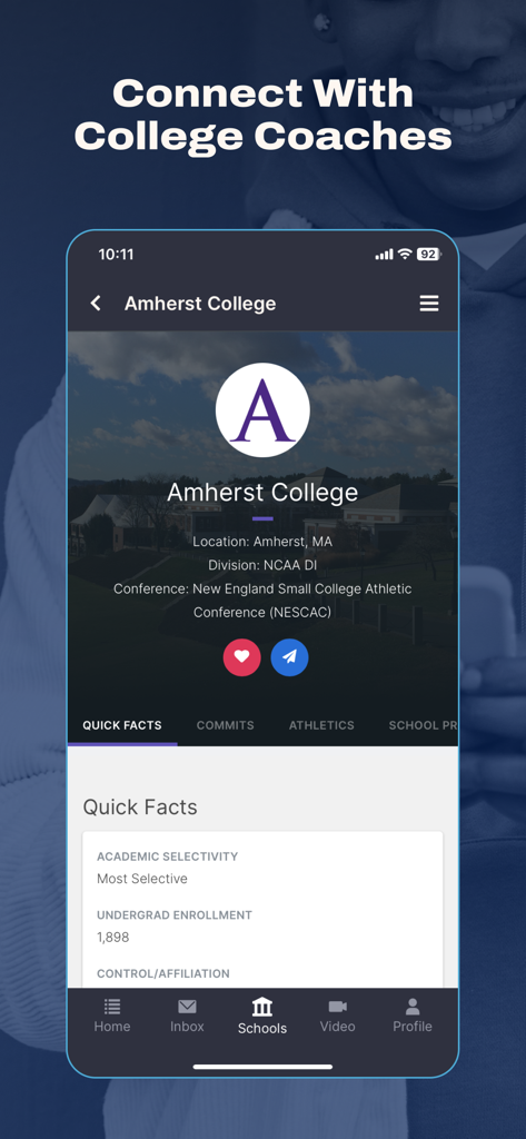SportsRecruits Pro app interface showing the college profile page for Amherst College including academic and athletic details
