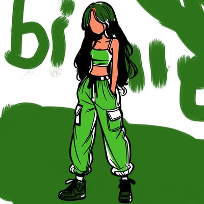 girl in baggy pants crop top and long hair