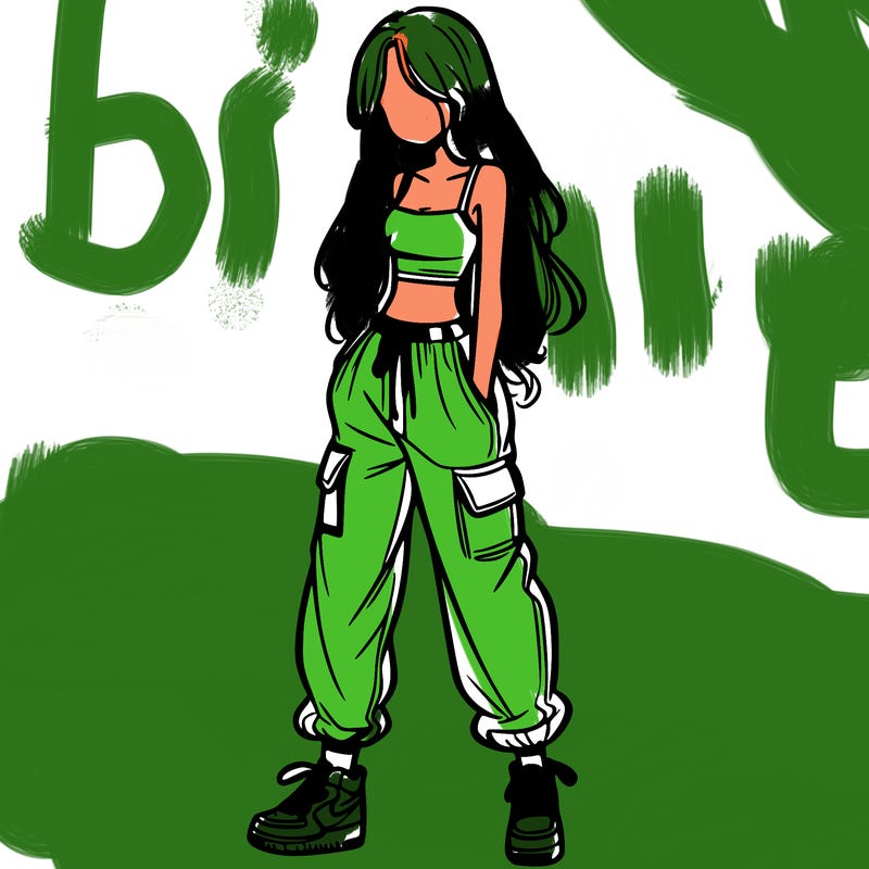 girl in baggy pants crop top and long hair