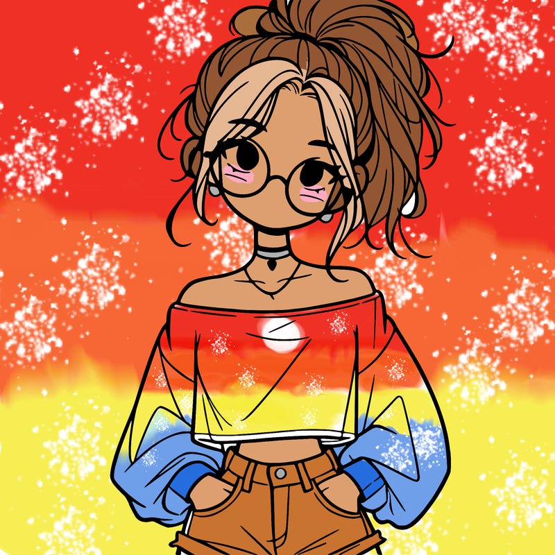 girl with a messy ponytail glasses a baggy crop top and jean shorts
