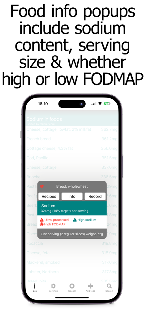 Sodium Counter and Tracker app interface showing wholewheat bread nutritional info with sodium levels and FODMAP warnings.
