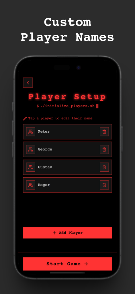 SpyFall: Find the Spy - A smartphone showing the player setup menu in the SpyFall game with a list of custom player names and a start button.