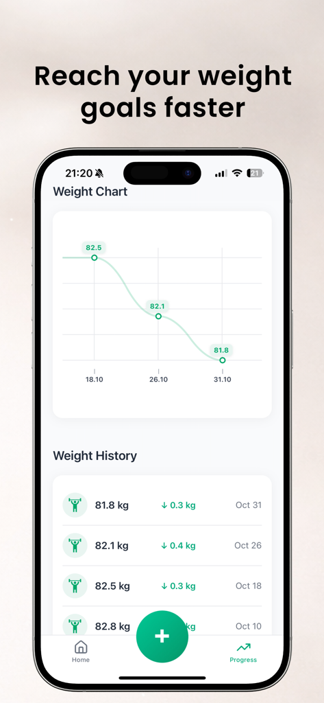 Caloree: AI Calorie Counter - Interfaz de la aplicación Caloree que muestra un gráfico de seguimiento de peso y una lista del historial
